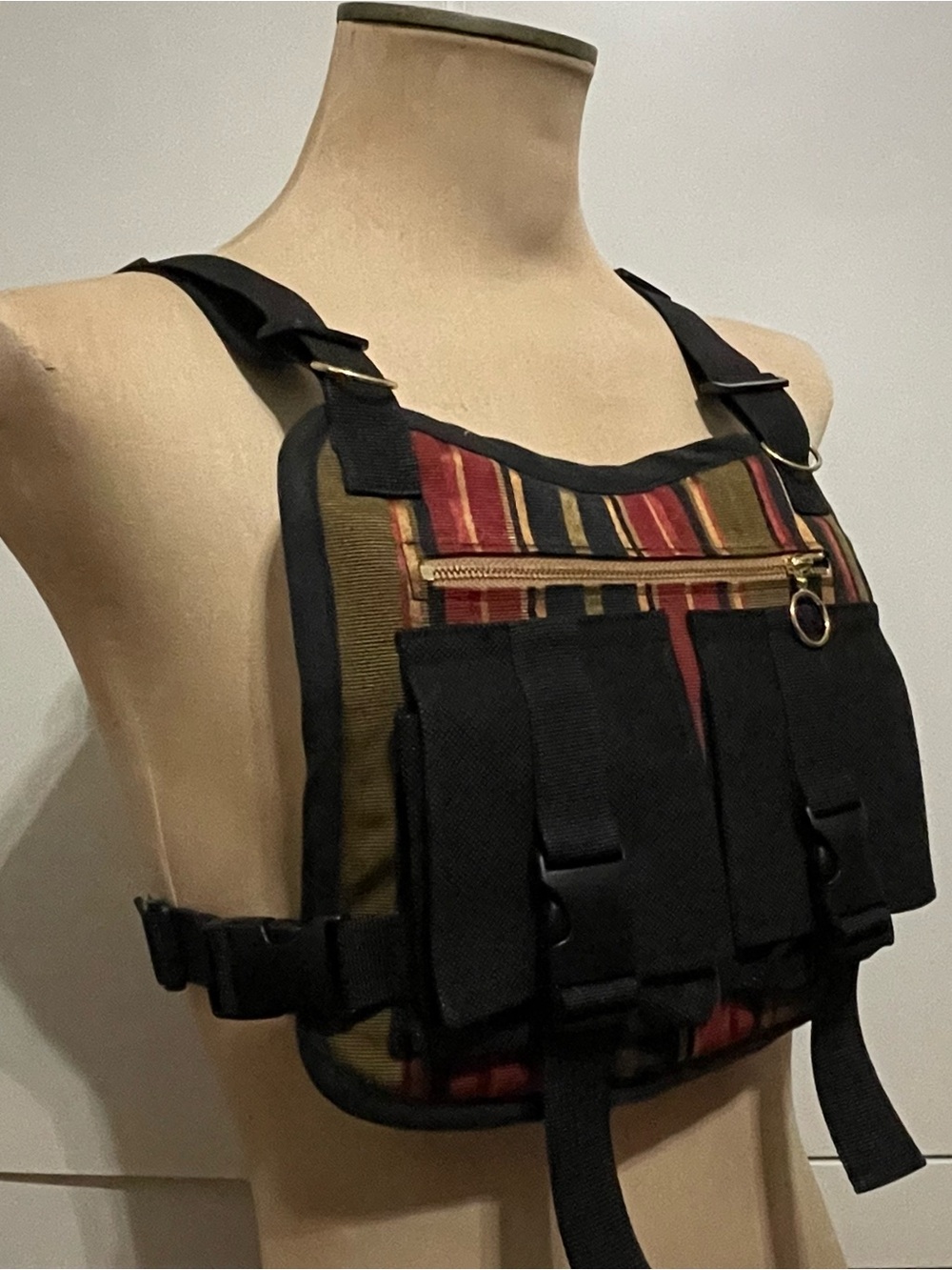 Tactical Chest Festival Rave Vest Bag in Olive Gold Black and Red Stripe